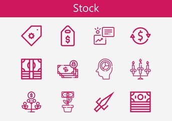 Premium set of stock line icons. Simple stock icon pack. Stroke vector illustration on a white background. Modern outline style icons collection of Money, Candlestick, Price tag