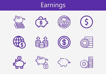 Premium set of earnings line icons. Simple earnings icon pack. Stroke vector illustration on a white background. Modern outline style icons collection of Coin, Piggy bank