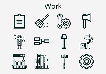 Premium set of work [S] icons. Simple work icon pack. Stroke vector illustration on a white background. Modern outline style icons collection of Competition, Hammer, Banker, Sweep, Setting