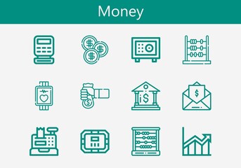 Premium set of money line icons. Simple money icon pack. Stroke vector illustration on a white background. Modern outline style icons collection of Coin, Bank, Invoice, Poker table, Cash register