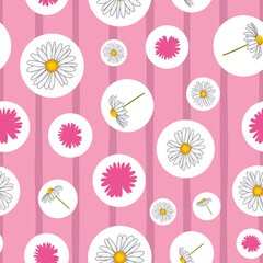 Cute daisy flower vector seamless pattern on pink stripes background and white circles