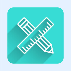 White line Crossed ruler and pencil icon isolated with long shadow. Straightedge symbol. Drawing and educational tools. Green square button. Vector