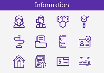 Premium set of information line icons. Simple information icon pack. Stroke vector illustration on a white background. Modern outline style icons collection of Call center, Molecule, Departure