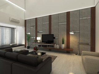 modern living room with television cabinet and luxurious back wall panel decoration