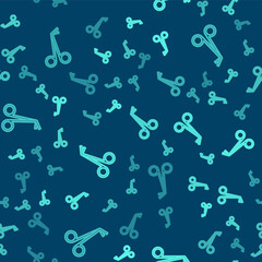 Green line Medical scissors icon isolated seamless pattern on blue background. Vector