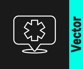 Obraz premium White line Medical symbol of the Emergency - Star of Life icon isolated on black background. Vector