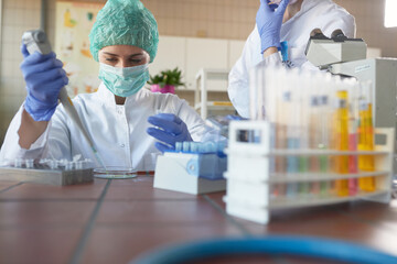 Young female scientists in protective gear carefully working with chemicals in a laboratory....