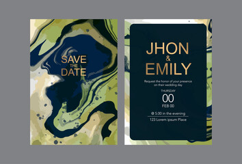 Green marble wedding invitation card and golden abstract background texture. Indigo marbling green ocean with luxurious natural marble style swirs and gold powder.	

