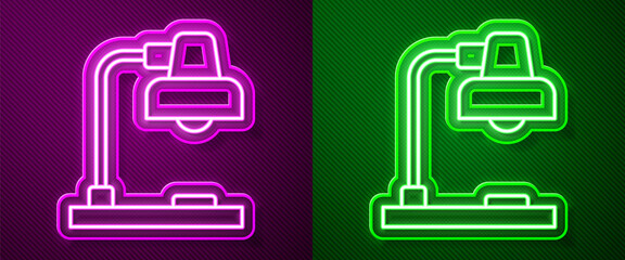 Glowing neon line Table lamp icon isolated on purple and green background. Vector