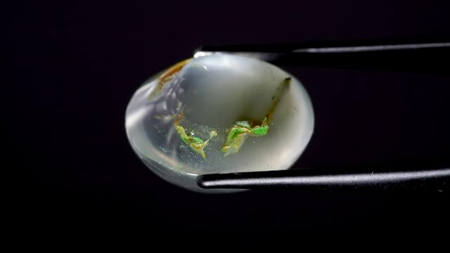 natural moss quartz gemstone in tweezer on the turning table