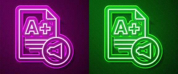 Glowing neon line Exam sheet with A plus grade icon isolated on purple and green background. Test paper, exam, or survey concept. School test or exam. Vector
