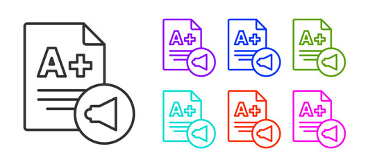 Black line Exam sheet with A plus grade icon isolated on white background. Test paper, exam, or survey concept. School test or exam. Set icons colorful. Vector