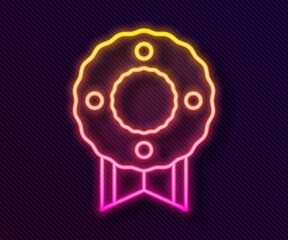 Glowing neon line Memorial wreath icon isolated on black background. Funeral ceremony. Vector