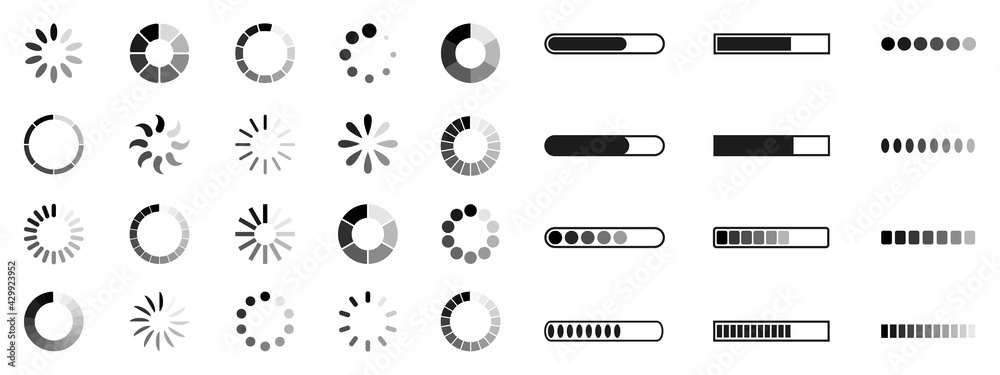 Poster Set loading bar icons. Progress bar loading signs. Collection loading status bar in different design. Download progress icons – stock vector