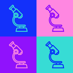 Pop art line Microscope icon isolated on color background. Chemistry, pharmaceutical instrument, microbiology magnifying tool. Vector