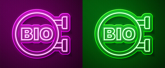 Glowing neon line Bio green healthy food icon isolated on purple and green background. Organic product. Healthy food sticker. Vector