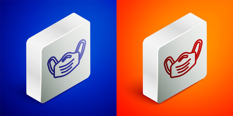 Isometric line Medical protective mask icon isolated on blue and orange background. Silver square button. Vector