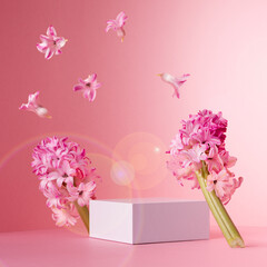 Fashion pastel pink mock up with white square podium for presentation cosmetic, accessories and...