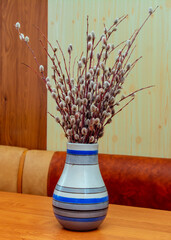 flowers in a vase on the table, spring, willow, flowering, early spring, primroses, tree, bouquet, branch, nature, branches, willow, plant