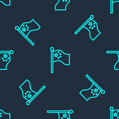 Green line China flag on flagpole icon isolated seamless pattern on blue background. Vector