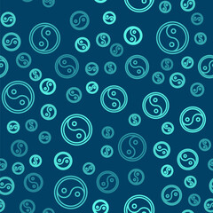 Green line Yin Yang symbol of harmony and balance icon isolated seamless pattern on blue background. Vector