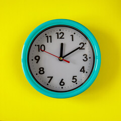 Trend photography turquoise and white clock on the bright yellow paper background with copy space. Time managment concept. Square instagram format