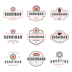 Sushi shop labels and badges design templates set vector illustration japanese food logos