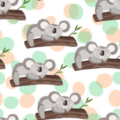 Seamless pattern with cute koala baby on color background. Funny australian animals. Card, postcards for kids. Flat vector illustration for fabric, textile, wallpaper, poster, gift wrapping paper.