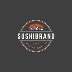 Sushi shop emblem template salmon roll silhouette with retro typography vector illustration