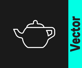 White line Traditional Chinese tea ceremony icon isolated on black background. Teapot with cup. Vector