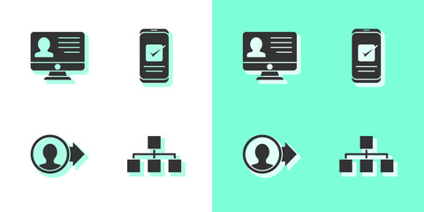 Set Hierarchy organogram chart, Monitor with resume, Create account screen and Smartphone icon. Vector