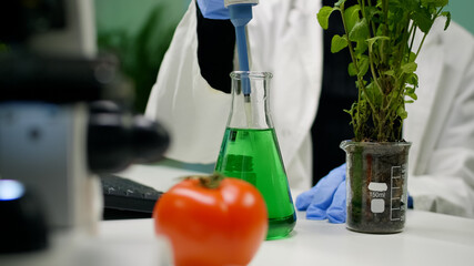 Closeup of botanist reseacher woman taking dna liquid test from medical glass with micropipette...