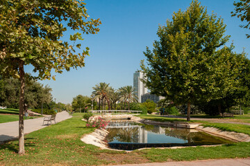 A landscape of a Garden Turia - Jardin Turia in Valencia, Spain. The calm, rest place full of beautiful trees,tropical flowers and river.