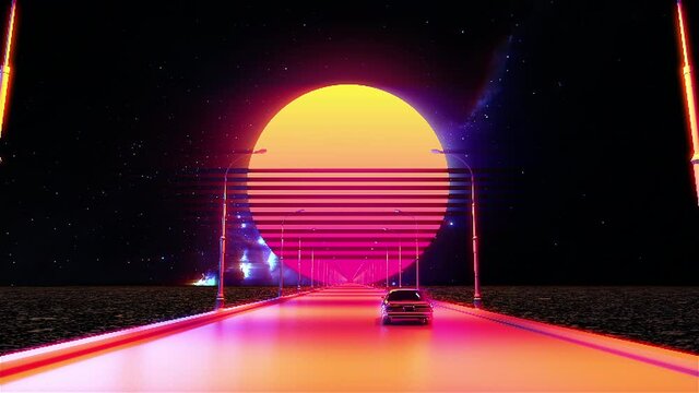 Car riding on pier into moon, pink and purple background, synthwave, retrowave