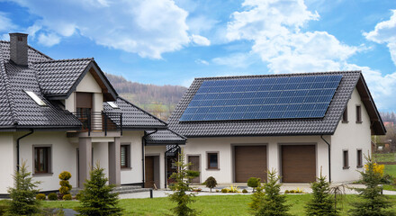 solar panels on roof of house garage renewable energy  - obrazy, fototapety, plakaty