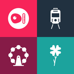 Set pop art Four leaf clover, London eye, Tram and railway and British breakfast icon. Vector