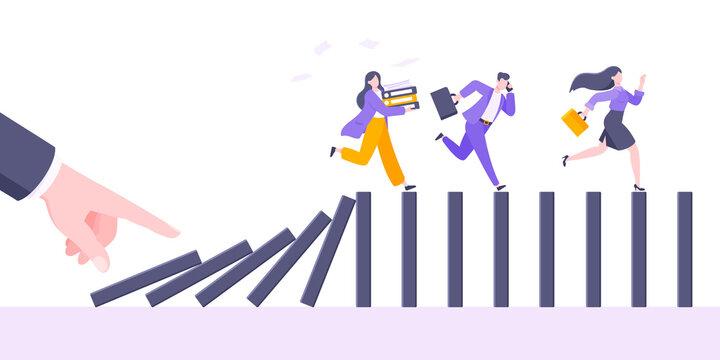 Domino effect or business cowardice metaphor vector illustration concept. Adult young business people run away from hand falling domino line business concept problem solving and danger chain reaction.