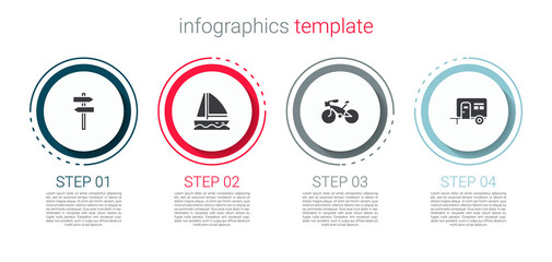 Set Road traffic signpost, Yacht sailboat, Bicycle and Rv Camping trailer. Business infographic template. Vector
