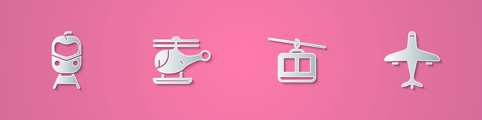 Set paper cut Train and railway, Helicopter, Cable car and Plane icon. Paper art style. Vector