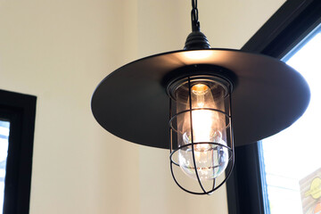 Light bulb and lamp in vintage style hanging from the ceiling.