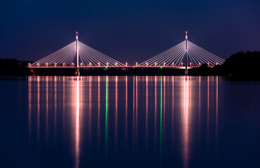 Madieri cable-stayed bridge in Budapest, evening twilight, bridge lighting