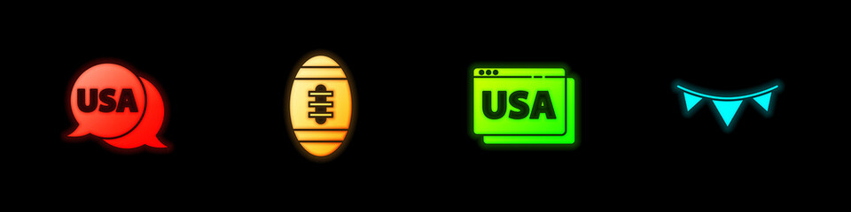 Set USA label, American Football ball, on browser and Carnival garland with flags icon. Vector
