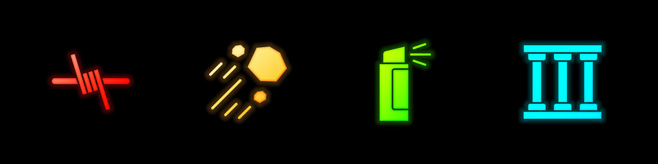 Set Barbed wire, Flying stone, Pepper spray and Prison window icon. Vector