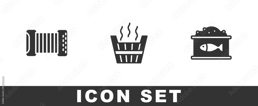 Sticker Set Accordion, Sauna bucket and Tin can with caviar icon. Vector