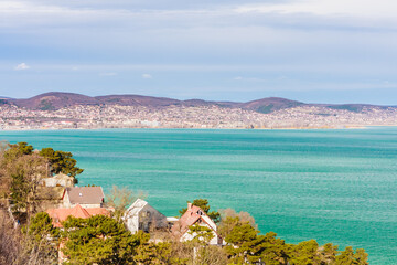 View from the Tihany abbey at the Balaton lake and about   Szantod, Hungary