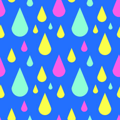 Colorful raindrops on blue background seamless pattern. Vector illustration.