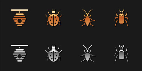 Set Hive for bees, Mite, Cockroach and Beetle bug icon. Vector