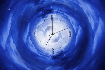 Clock in the starry cosmic sky. Leaving time. Time and space. Time concept.