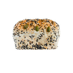 Whole wheat bund with white and black sesame and pumpkin seeds isolated on white background