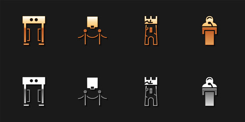 Set Metal detector, Picture and rope barrier, Castle tower and Gives lecture icon. Vector